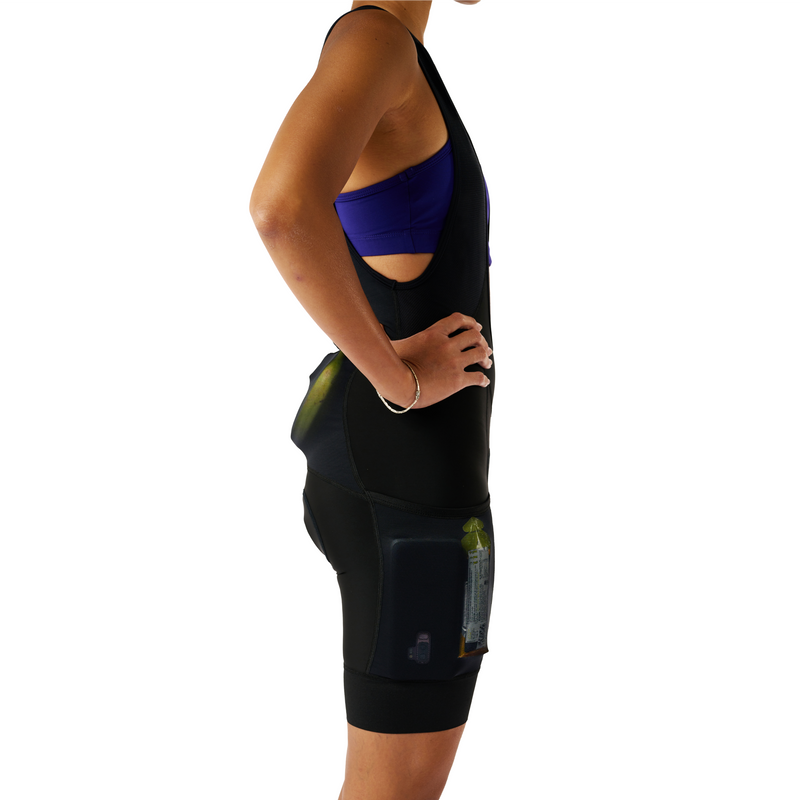 The Cargo Bib Short with Pad (Women's). A bibshort with cargo pockets for long distance rides. This is a women's cargo and adventure bibshort